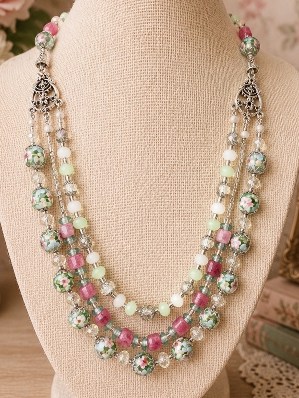 Handmade Triple Stand Vintage Lampwork Necklace